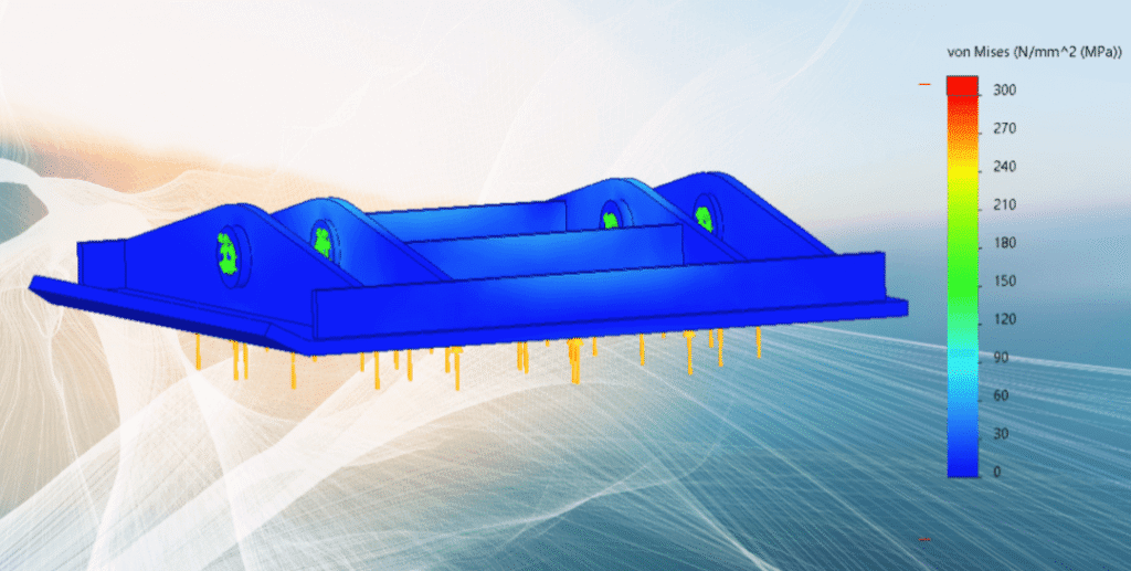 Heavy vehicle skid plate analysed using finite element analysis (FEA) to verify structural integrity, load capacity, and compliance.