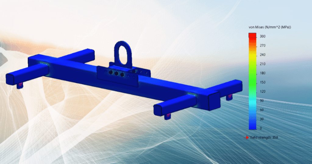 Lifting bar analysed using finite element analysis (FEA) to verify structural integrity, load capacity, and engineering compliance.